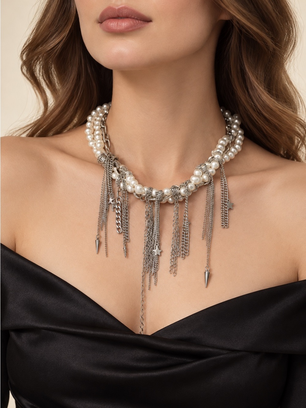 Pearl Silver Fringe Choker Necklace